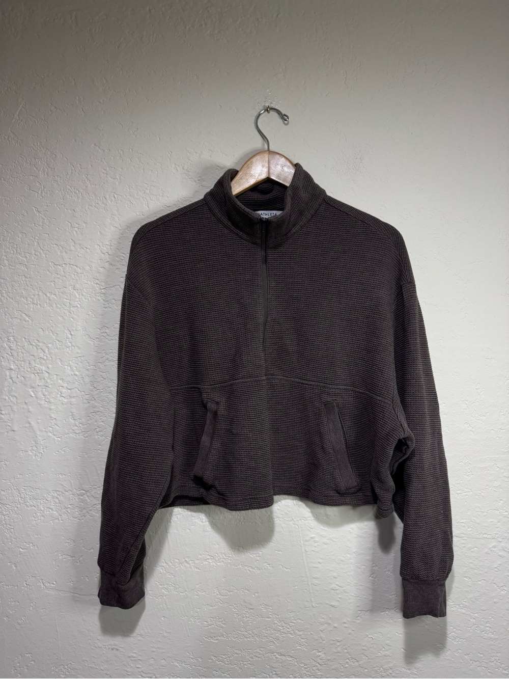 Athleta Brown Textured Waffle Knit Quarter Zip Crop Pullover XL